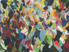 An abstract painting featuring brightly colored organic shapes overlapping