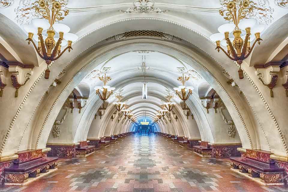 Interior of Arbatskaya subway station in Moscow, Russia