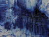 An oil painting of a building face, rendered in deep blue
